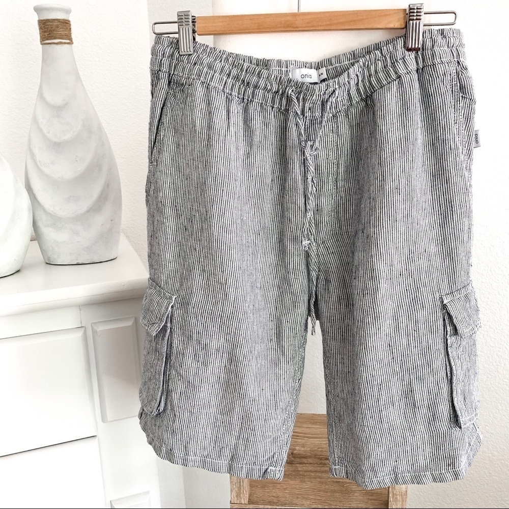 Onia Men's Linen Shorts Black White Striped Cargo Drawstring Size Medium